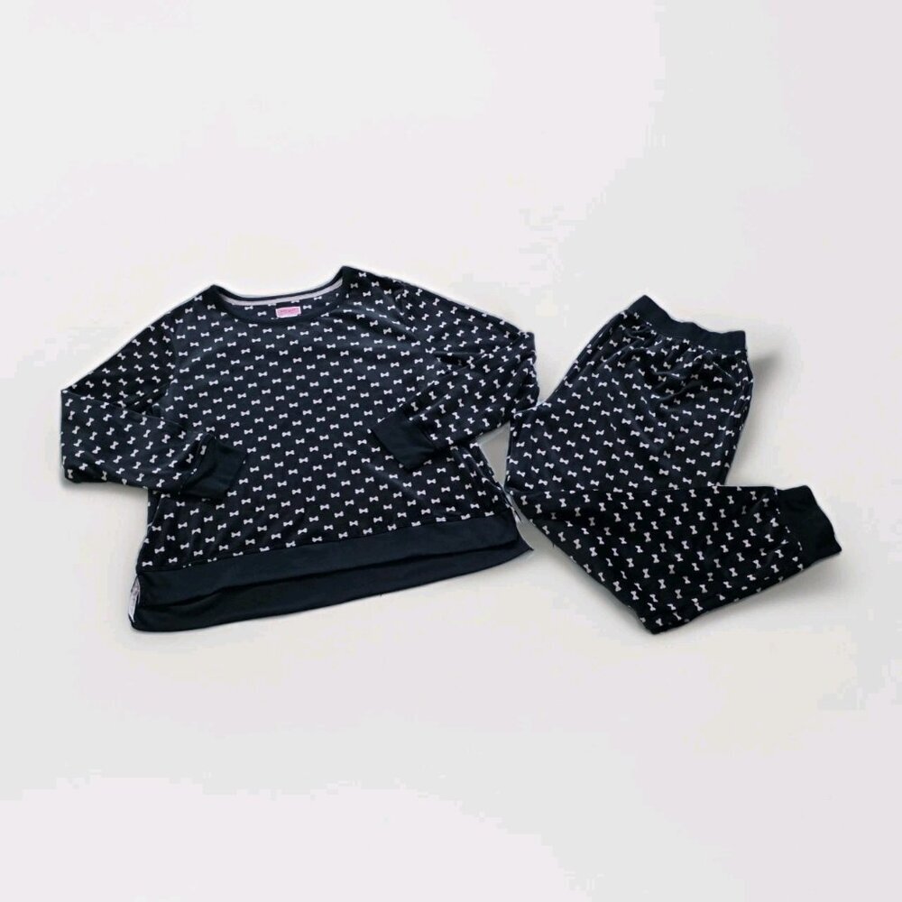 Kate Spade Pajama Set Womens L Black Pink Bow Tie Pattern Pockets Fleece Boho - Picture 1 of 16